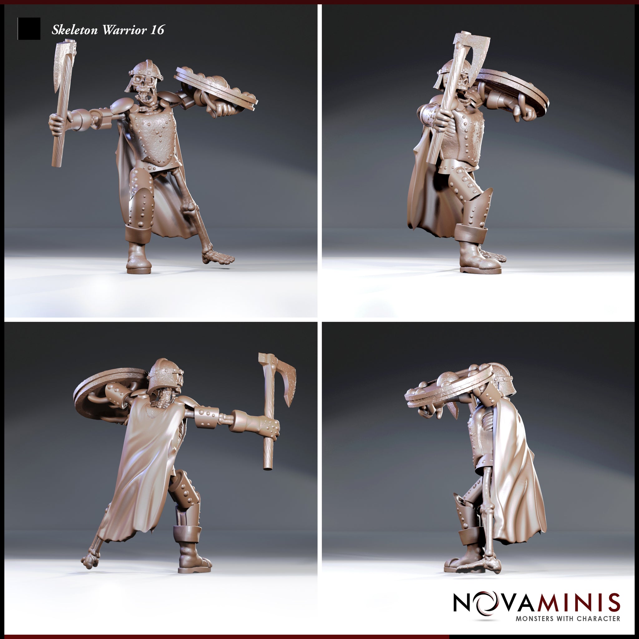 Skeleton warrior in riveted breastplate and knee guards, viewed from multiple angles showing the war axe mid-swing and battered round shield with decorative boss studs. Billowing cloak and bare skeletal feet visible. Sculpt by Novaminis.