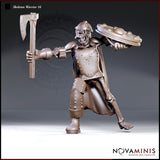Skeleton warrior in studded plate armour and horned helm, lunging forward with a war axe raised overhead and a round shield thrust out. Tattered cloak trails behind. Exposed bone at jaw, arms, and lower legs. Sculpt by Novaminis.