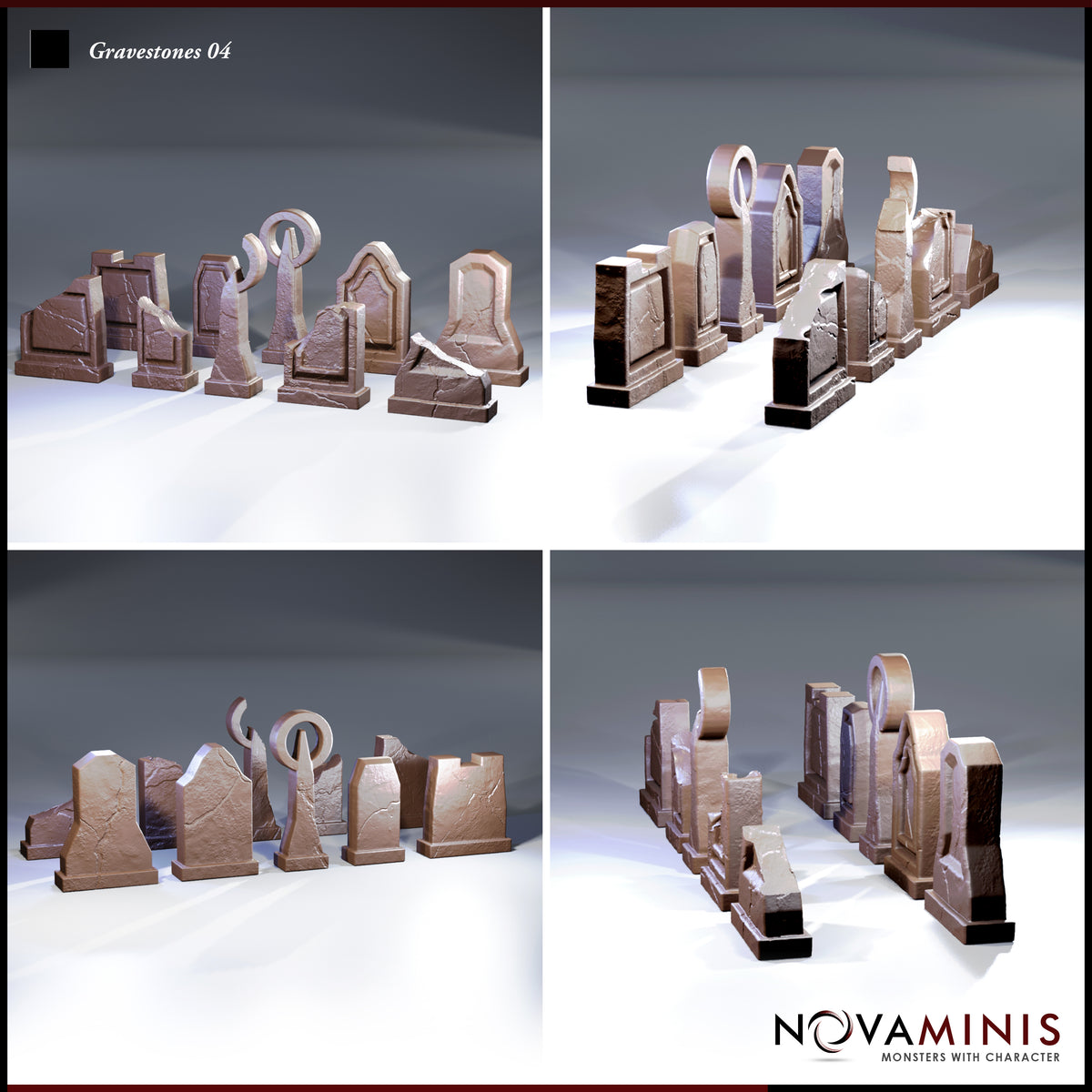 Novaminis Gravestones 04 shown from four angles: front cluster, rear row, low side view, and elevated rear view — displaying cracked surfaces, arch cutouts, and mixed silhouettes across all nine pieces.