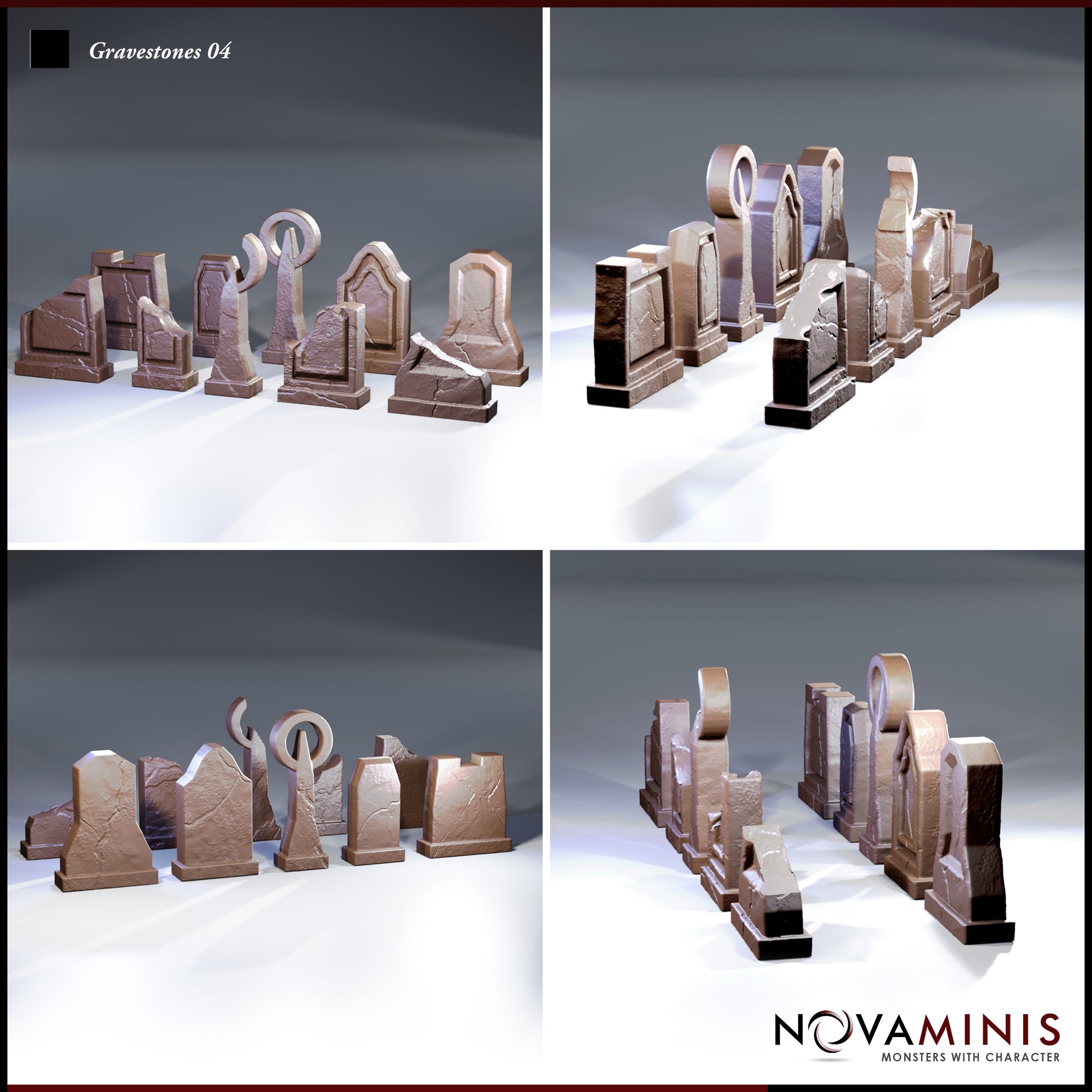 Novaminis Gravestones 04 shown from four angles: front cluster, rear row, low side view, and elevated rear view — displaying cracked surfaces, arch cutouts, and mixed silhouettes across all nine pieces.