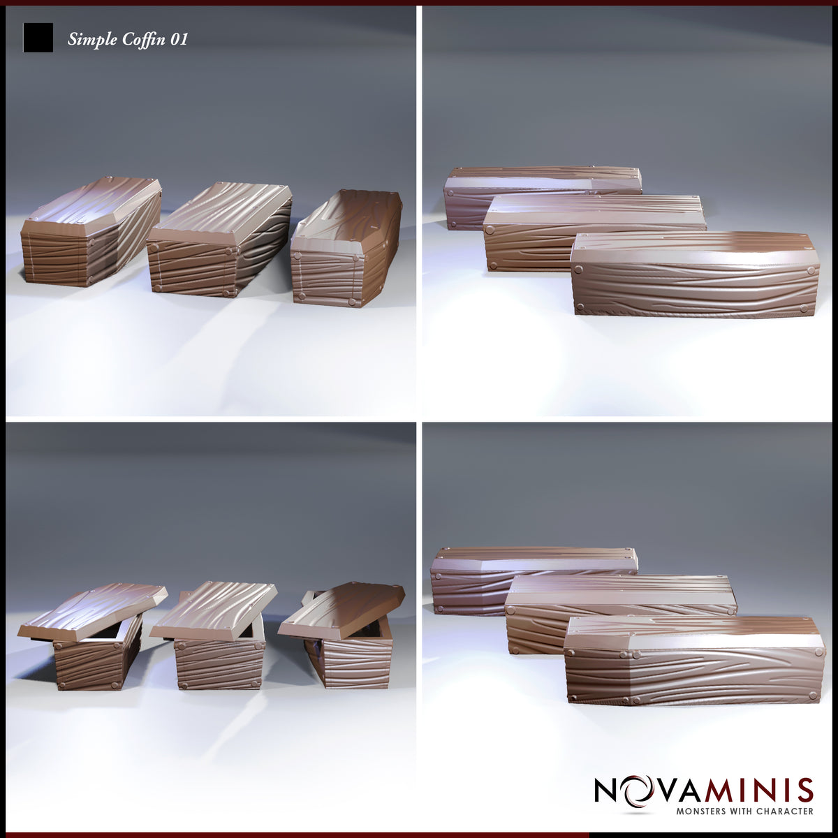 Novaminis Simple Coffin 01 shown from multiple angles: two open coffins with lids raised, two sealed coffins stacked and overlapping, showing the flowing wood-grain sculpt and riveted corner detail.