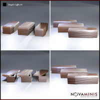 Novaminis Simple Coffin 01 shown from multiple angles: two open coffins with lids raised, two sealed coffins stacked and overlapping, showing the flowing wood-grain sculpt and riveted corner detail.