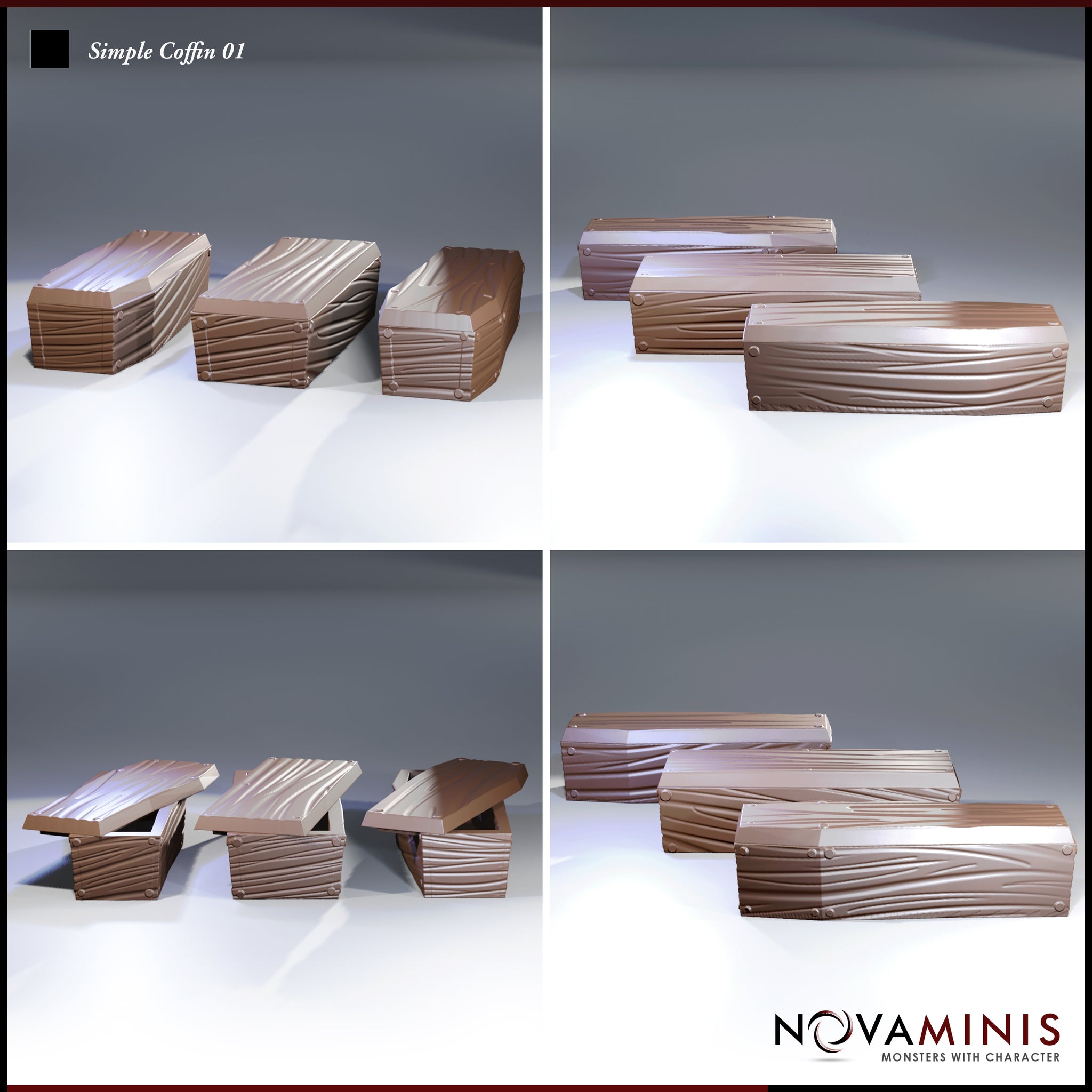 Novaminis Simple Coffin 01 shown from multiple angles: two open coffins with lids raised, two sealed coffins stacked and overlapping, showing the flowing wood-grain sculpt and riveted corner detail.