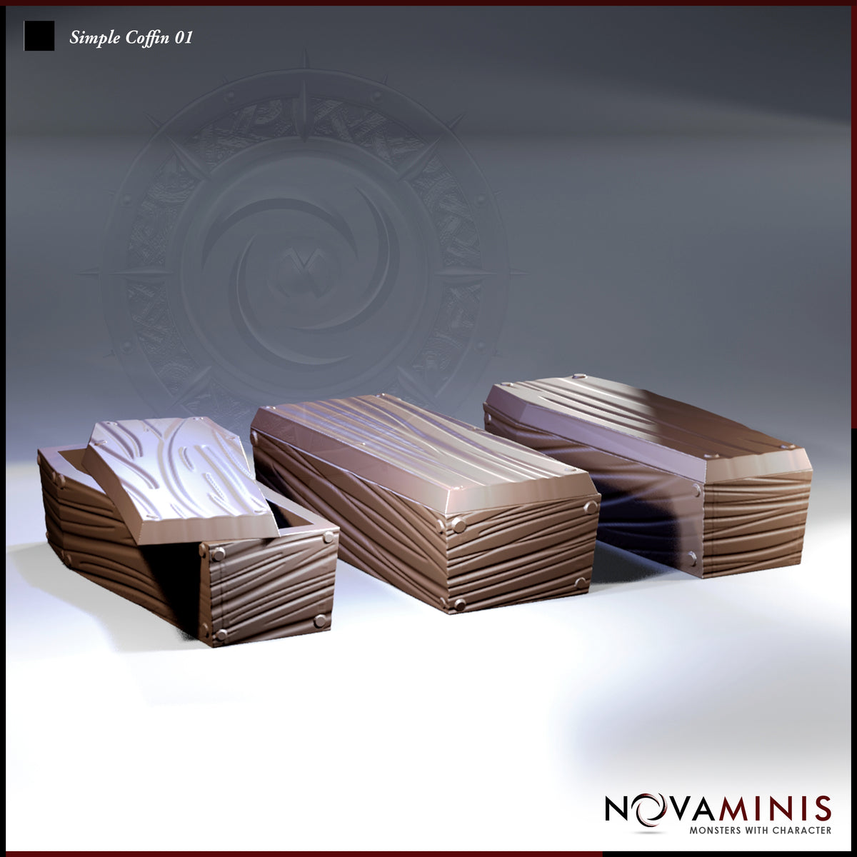 Three wooden coffins by Novaminis: one open with lid askew revealing a fabric-lined interior, one sealed at centre, one with lid resting closed at right. Plank grain texture and iron corner nails throughout.