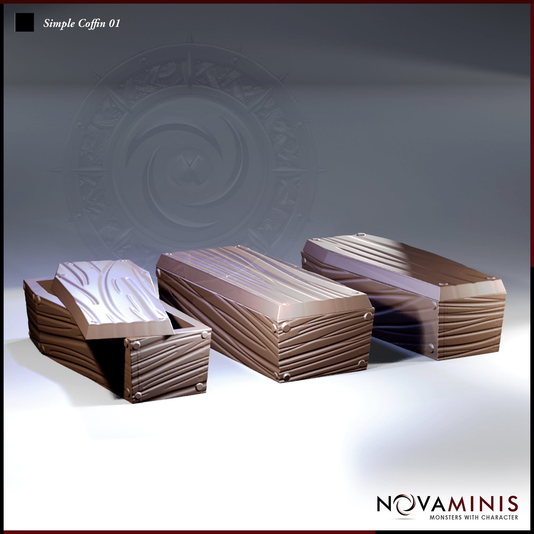 Three wooden coffins by Novaminis: one open with lid askew revealing a fabric-lined interior, one sealed at centre, one with lid resting closed at right. Plank grain texture and iron corner nails throughout.