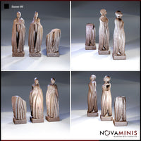 Four-angle view of the same three robed statues — weathered vertical robe striations and rough fractured stone surfaces visible from front, rear, and both sides. Sculpt by Novaminis.