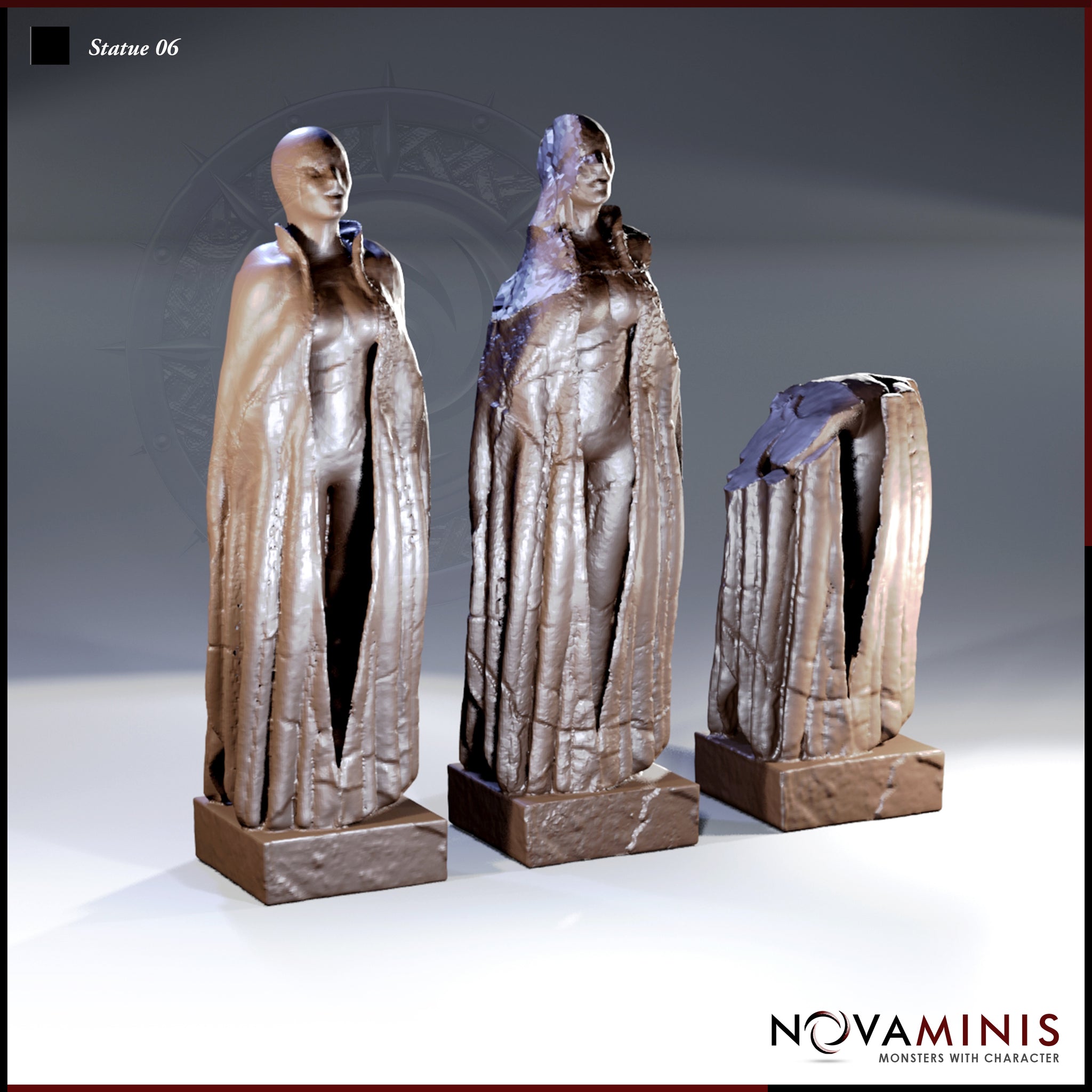 Three robed humanoid statues on square stone bases showing progressive ruin: left figure intact with deep cloak folds, centre figure cracked open, right figure broken at the torso. Sculpt by Novaminis.