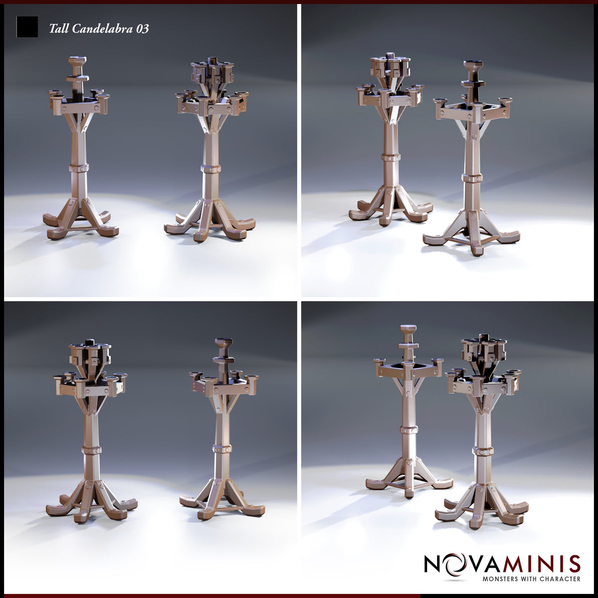 Four close-up angles of two Novaminis tall candelabra variants showing bolted banded columns, angular Y-braced arms, and splayed tripod feet — one with a four-arm crown, one with a six-socket tiered crown.