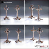 Four close-up angles of two Novaminis tall candelabra variants showing bolted banded columns, angular Y-braced arms, and splayed tripod feet — one with a four-arm crown, one with a six-socket tiered crown.