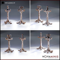 Four close-up angles of two Novaminis tall candelabra variants showing bolted banded columns, angular Y-braced arms, and splayed tripod feet — one with a four-arm crown, one with a six-socket tiered crown.