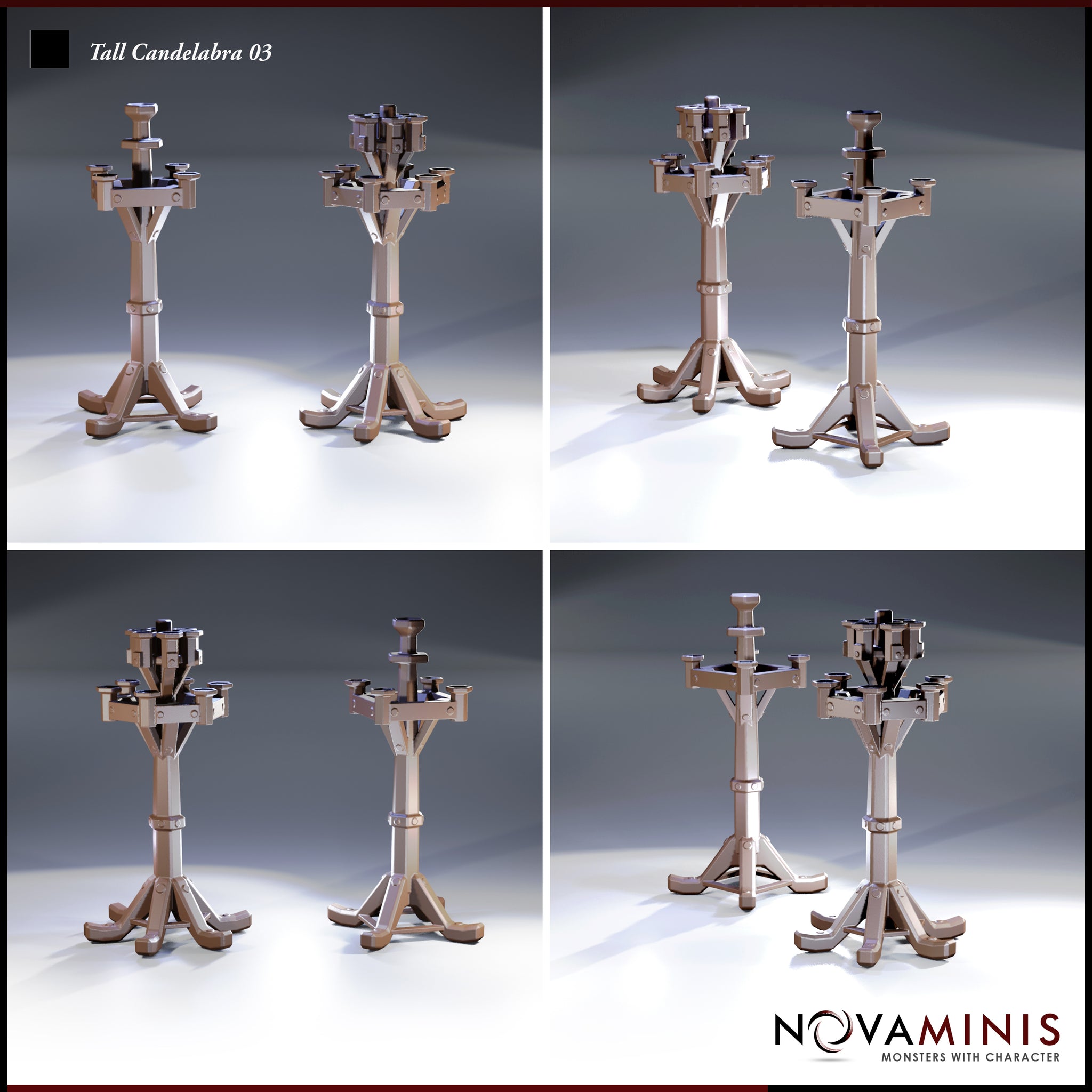 Four close-up angles of two Novaminis tall candelabra variants showing bolted banded columns, angular Y-braced arms, and splayed tripod feet — one with a four-arm crown, one with a six-socket tiered crown.