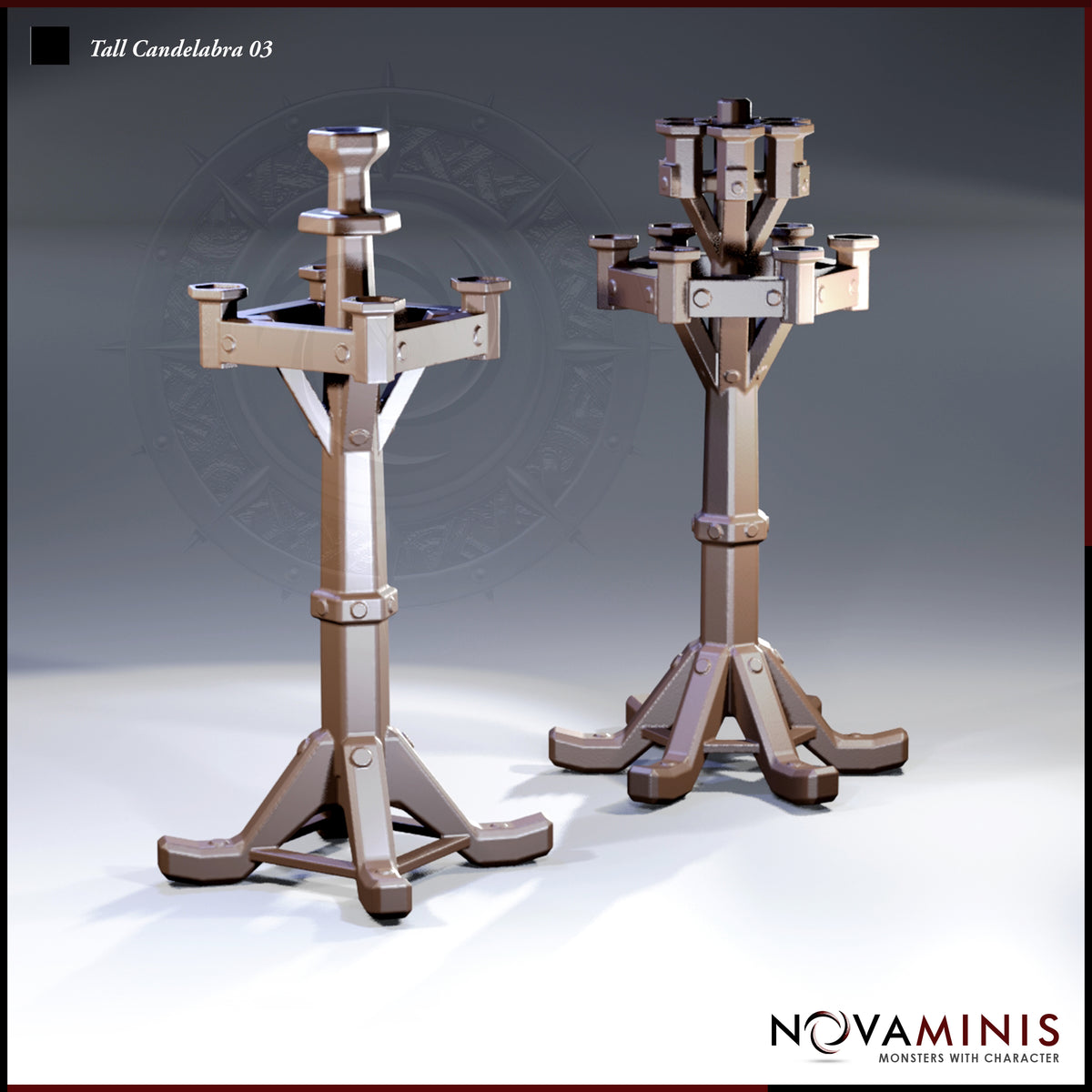 Two tall iron candelabras by Novaminis: left has a square four-arm crown with single central socket; right has a clustered six-socket multi-tiered crown. Both stand on bolted tripod bases with splayed feet.