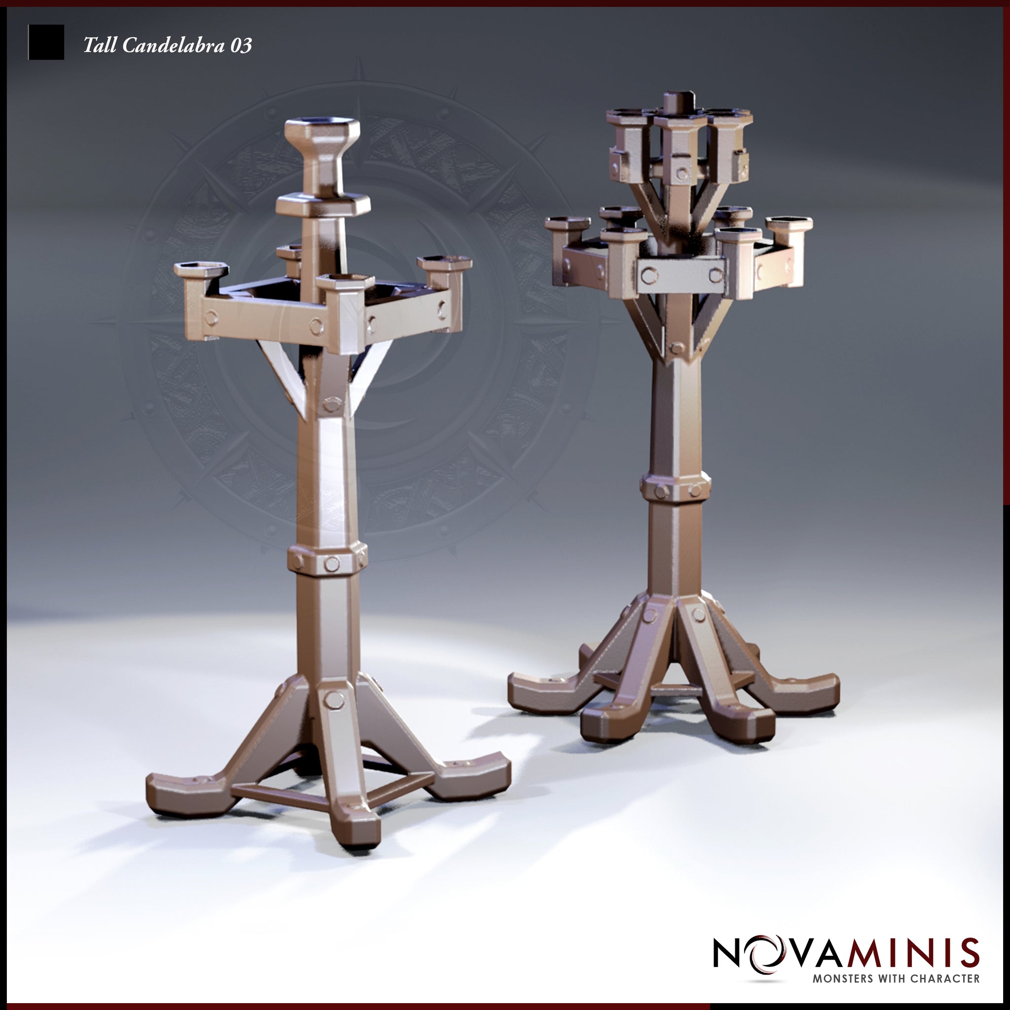 Two tall iron candelabras by Novaminis: left has a square four-arm crown with single central socket; right has a clustered six-socket multi-tiered crown. Both stand on bolted tripod bases with splayed feet.