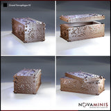 Sarcophagus terrain piece shown from four angles — closed lid view, open lid revealing empty interior, rear panel filigree detail, and low side profile showing spike and scroll ornamentation. Sculpt by Novaminis.