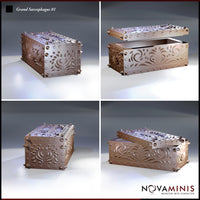 Sarcophagus terrain piece shown from four angles — closed lid view, open lid revealing empty interior, rear panel filigree detail, and low side profile showing spike and scroll ornamentation. Sculpt by Novaminis.