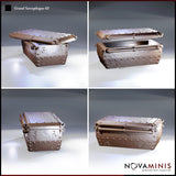 Iron sarcophagus with lid propped fully open, showing hollow interior and detailed hinge mechanism, with riveted and scroll-etched exterior panels visible on all sides. Sculpt by Novaminis.