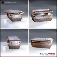 Iron sarcophagus with lid propped fully open, showing hollow interior and detailed hinge mechanism, with riveted and scroll-etched exterior panels visible on all sides. Sculpt by Novaminis.