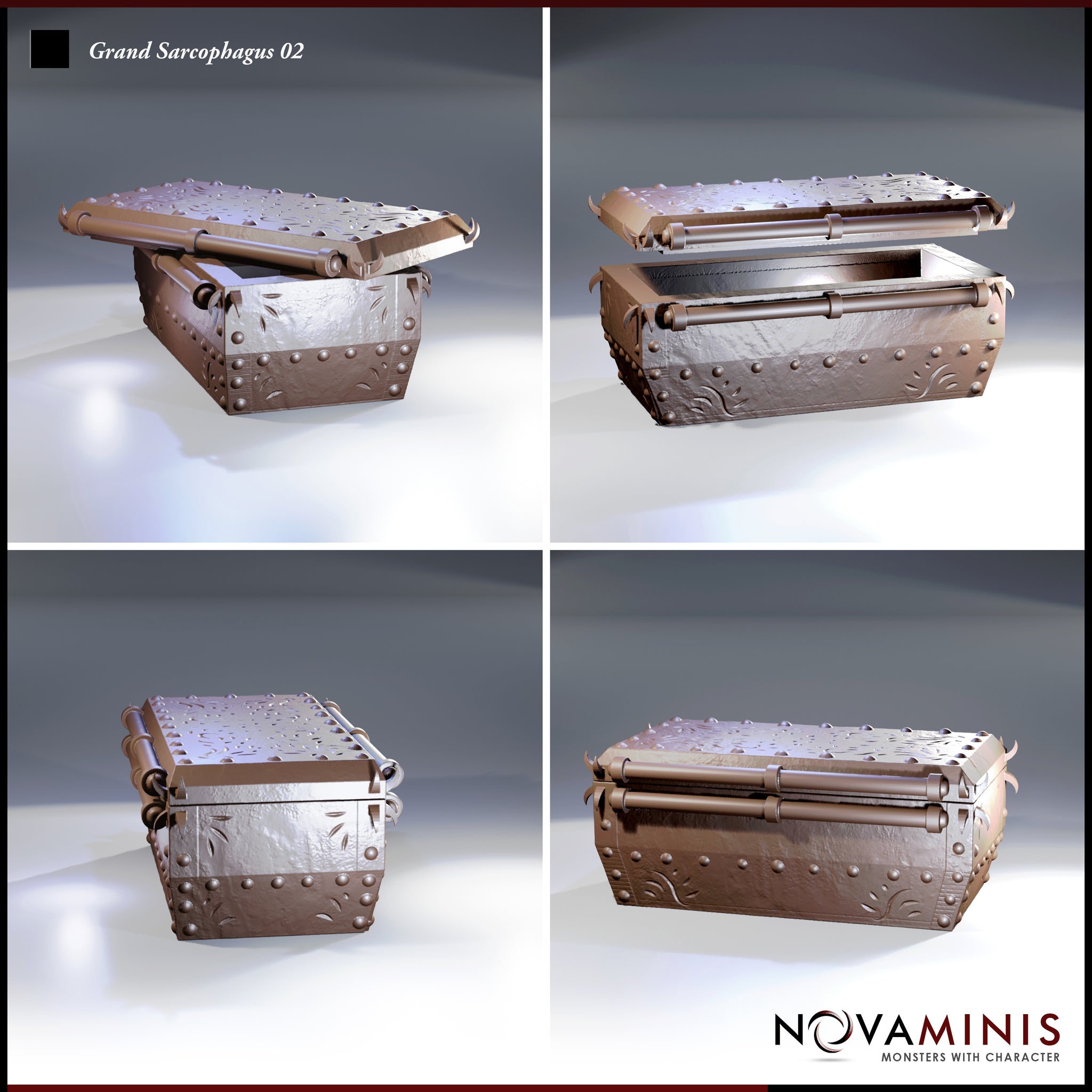 Iron sarcophagus with lid propped fully open, showing hollow interior and detailed hinge mechanism, with riveted and scroll-etched exterior panels visible on all sides. Sculpt by Novaminis.