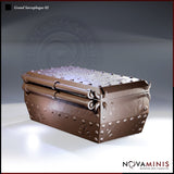 Closed iron sarcophagus with rows of rivets, thick cylindrical hinge bars, claw-tipped corner mounts, and etched scrollwork panels across the lid and sides. Sculpt by Novaminis.