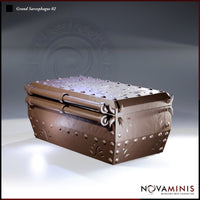 Closed iron sarcophagus with rows of rivets, thick cylindrical hinge bars, claw-tipped corner mounts, and etched scrollwork panels across the lid and sides. Sculpt by Novaminis.
