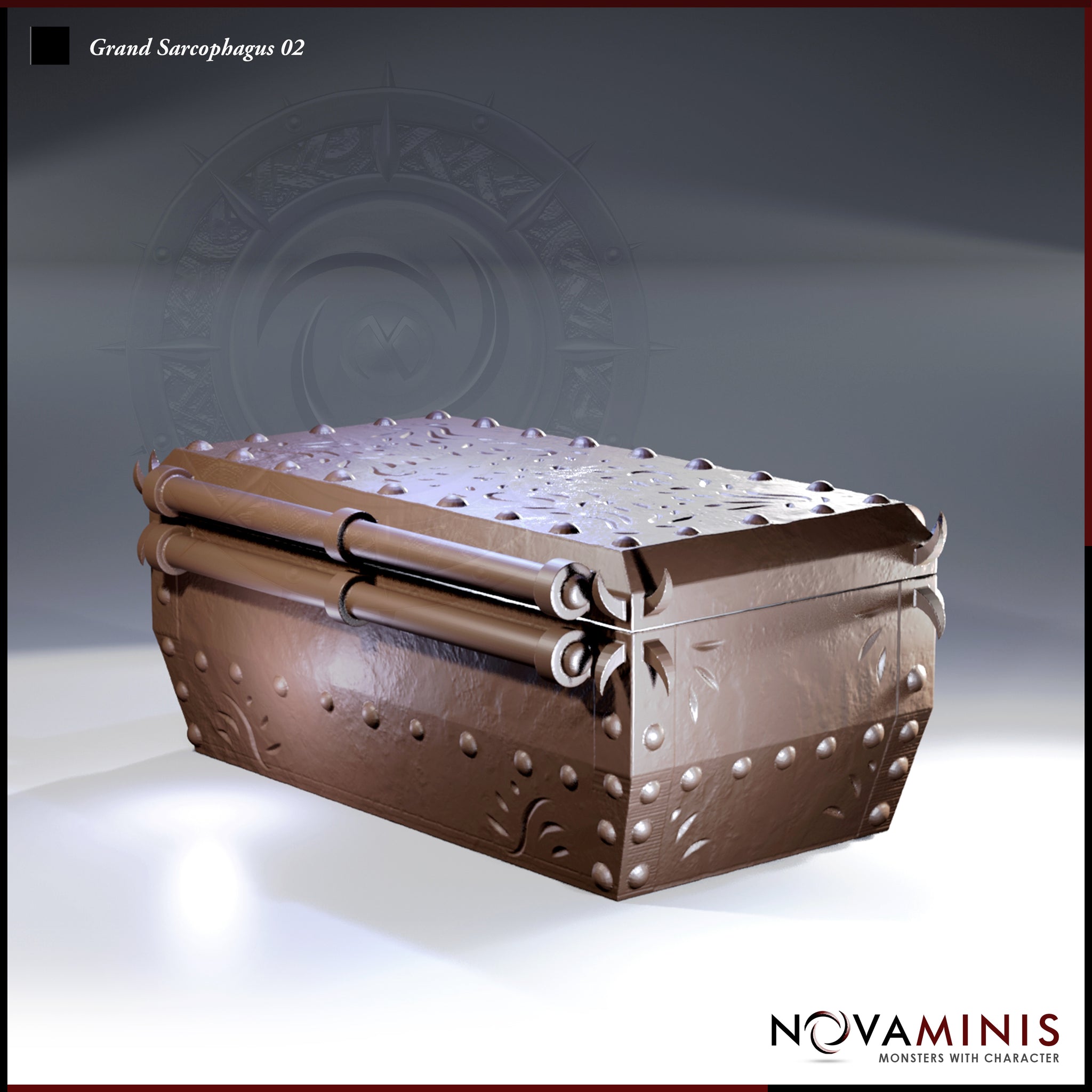 Closed iron sarcophagus with rows of rivets, thick cylindrical hinge bars, claw-tipped corner mounts, and etched scrollwork panels across the lid and sides. Sculpt by Novaminis.