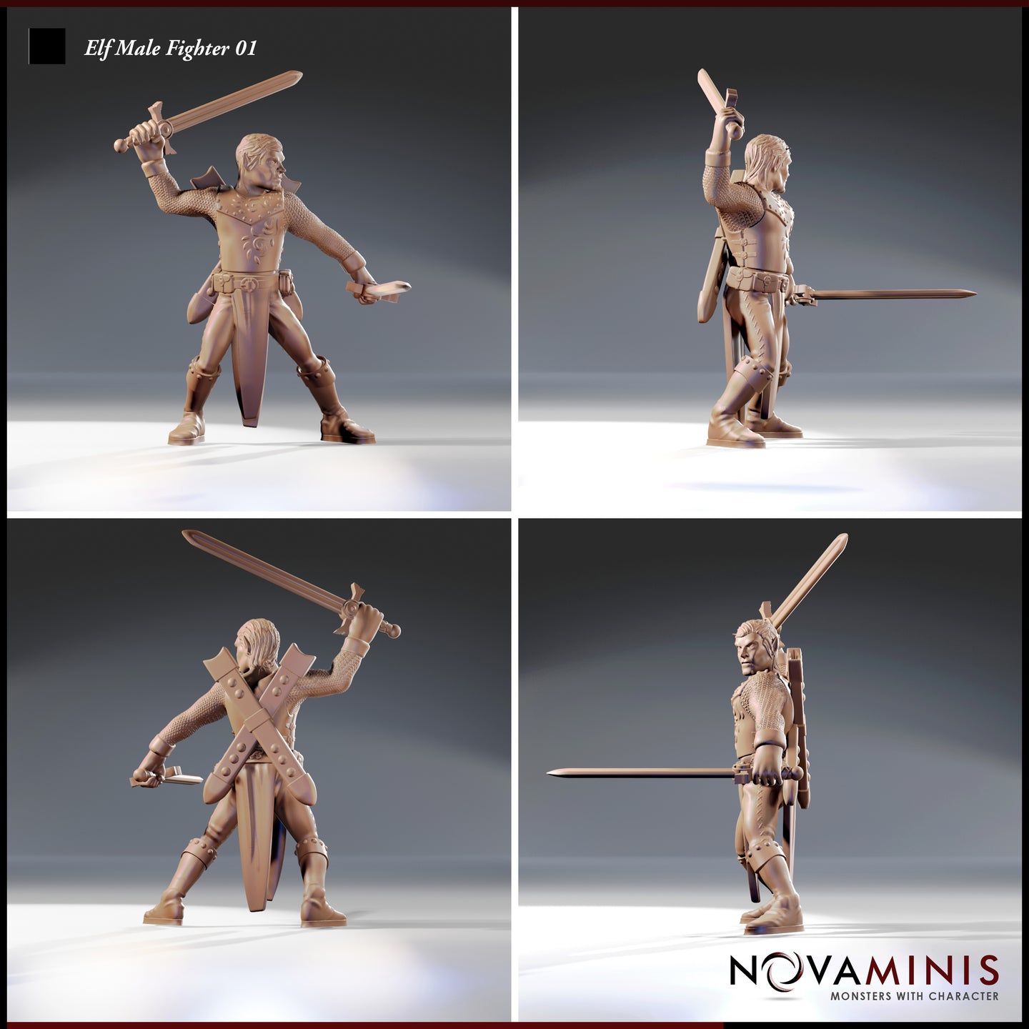 Four-angle render of the Elf Male Fighter 01 miniature by Novaminis showing front, side, rear, and three-quarter views. The sculpt highlights the dual-sword combat pose, detailed chainmail sleeves, flame-scroll chest armour, knee-high strapped boots, and a back-mounted quiver. Unpainted 32mm resin render.