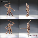 Four-angle render of the Elf Male Fighter 01 miniature by Novaminis showing front, side, rear, and three-quarter views. The sculpt highlights the dual-sword combat pose, detailed chainmail sleeves, flame-scroll chest armour, knee-high strapped boots, and a back-mounted quiver. Unpainted 32mm resin render.