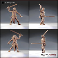 Four-angle render of the Elf Male Fighter 01 miniature by Novaminis showing front, side, rear, and three-quarter views. The sculpt highlights the dual-sword combat pose, detailed chainmail sleeves, flame-scroll chest armour, knee-high strapped boots, and a back-mounted quiver. Unpainted 32mm resin render.