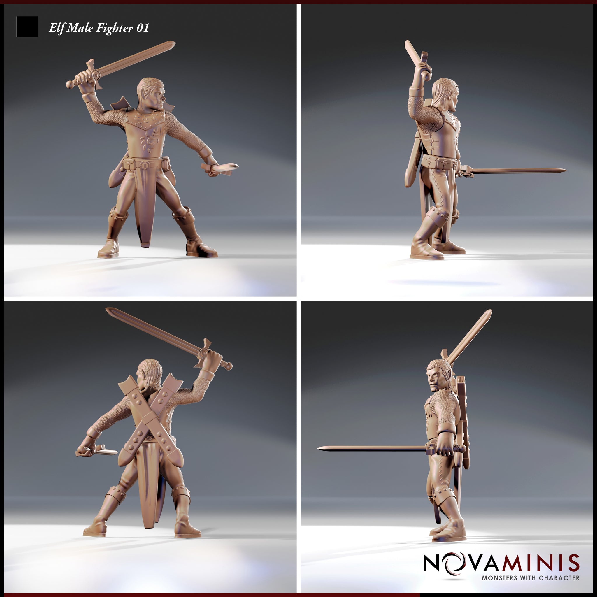 Four-angle render of the Elf Male Fighter 01 miniature by Novaminis showing front, side, rear, and three-quarter views. The sculpt highlights the dual-sword combat pose, detailed chainmail sleeves, flame-scroll chest armour, knee-high strapped boots, and a back-mounted quiver. Unpainted 32mm resin render.