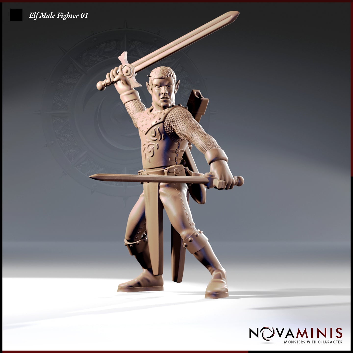 32mm resin miniature render of an elven male fighter in chainmail and studded leather armour, dual-wielding two longswords — right sword raised overhead in a striking pose, left sword extended forward — with ornate flame-motif chest detailing and a focused, determined expression. Unpainted render by Novaminis.