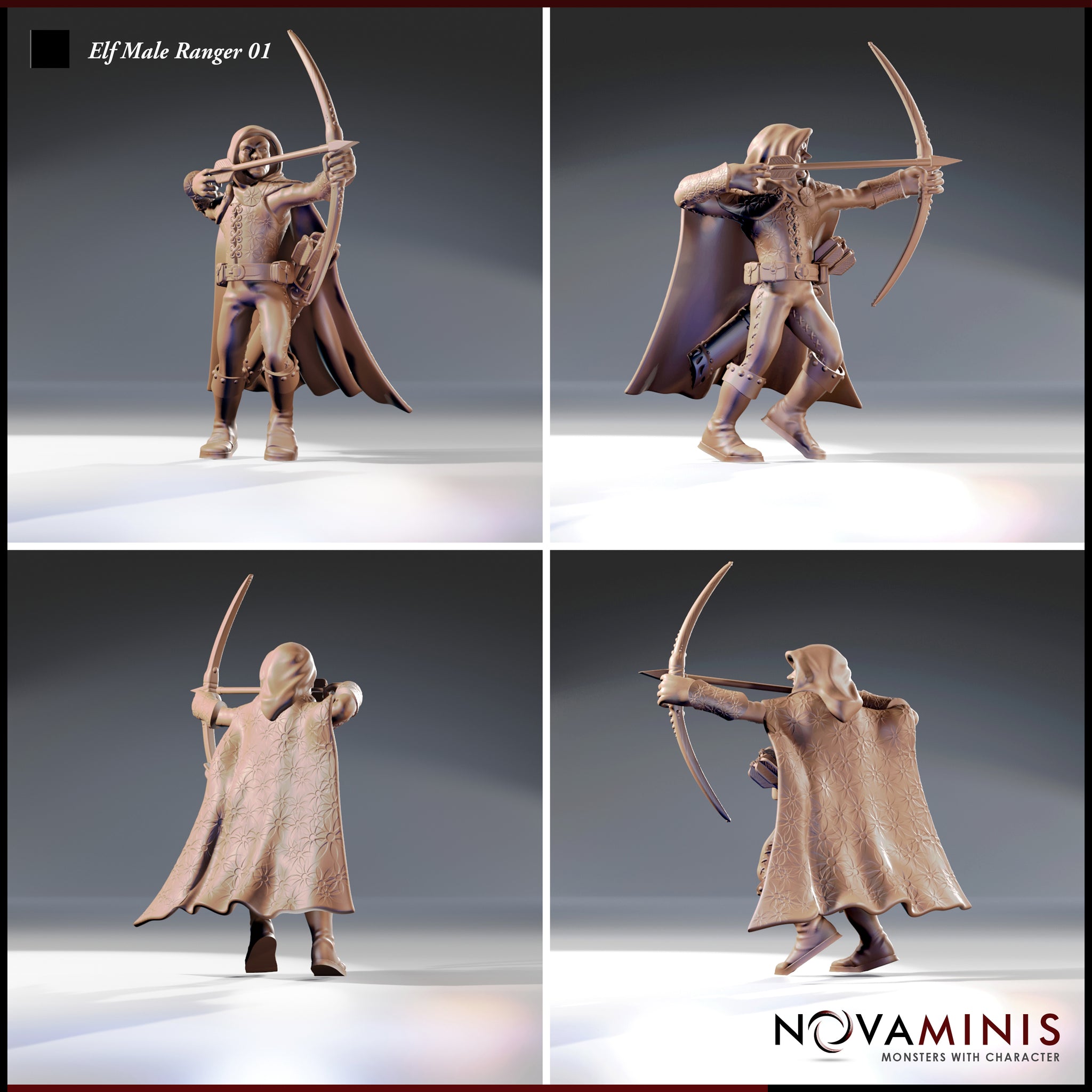 Four-angle render sheet of the Elf Male Ranger 01 miniature by Novaminis showing front, side, back, and three-quarter views — cloak interior reveals floral texture matching the jerkin; bow drawn and aimed in all poses