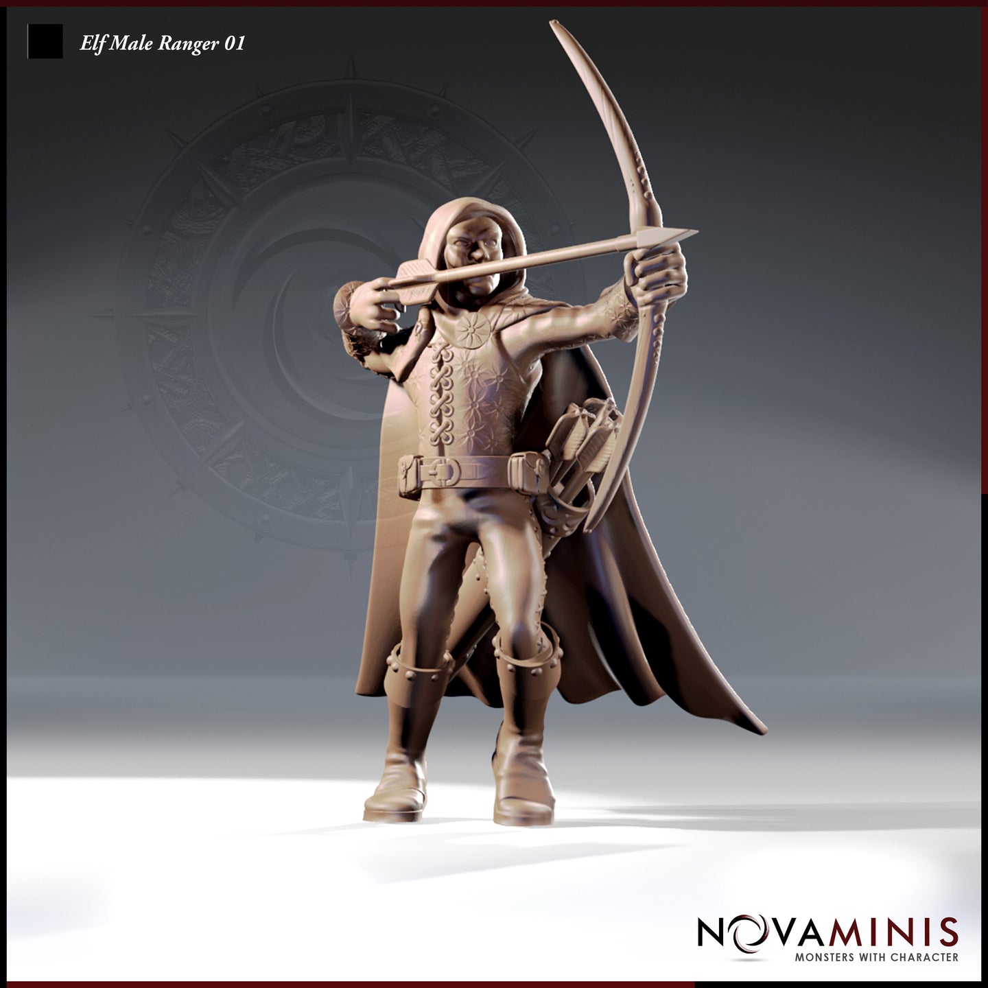Front-facing render of an unpainted elven ranger miniature at 32mm scale, arrow fully drawn to cheek, wearing a hooded cloak, floral-embossed leather jerkin, wide belt with hip quiver, and strapped boots — by Novaminis