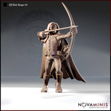 Front-facing render of an unpainted elven ranger miniature at 32mm scale, arrow fully drawn to cheek, wearing a hooded cloak, floral-embossed leather jerkin, wide belt with hip quiver, and strapped boots — by Novaminis