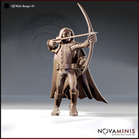Front-facing render of an unpainted elven ranger miniature at 32mm scale, arrow fully drawn to cheek, wearing a hooded cloak, floral-embossed leather jerkin, wide belt with hip quiver, and strapped boots — by Novaminis