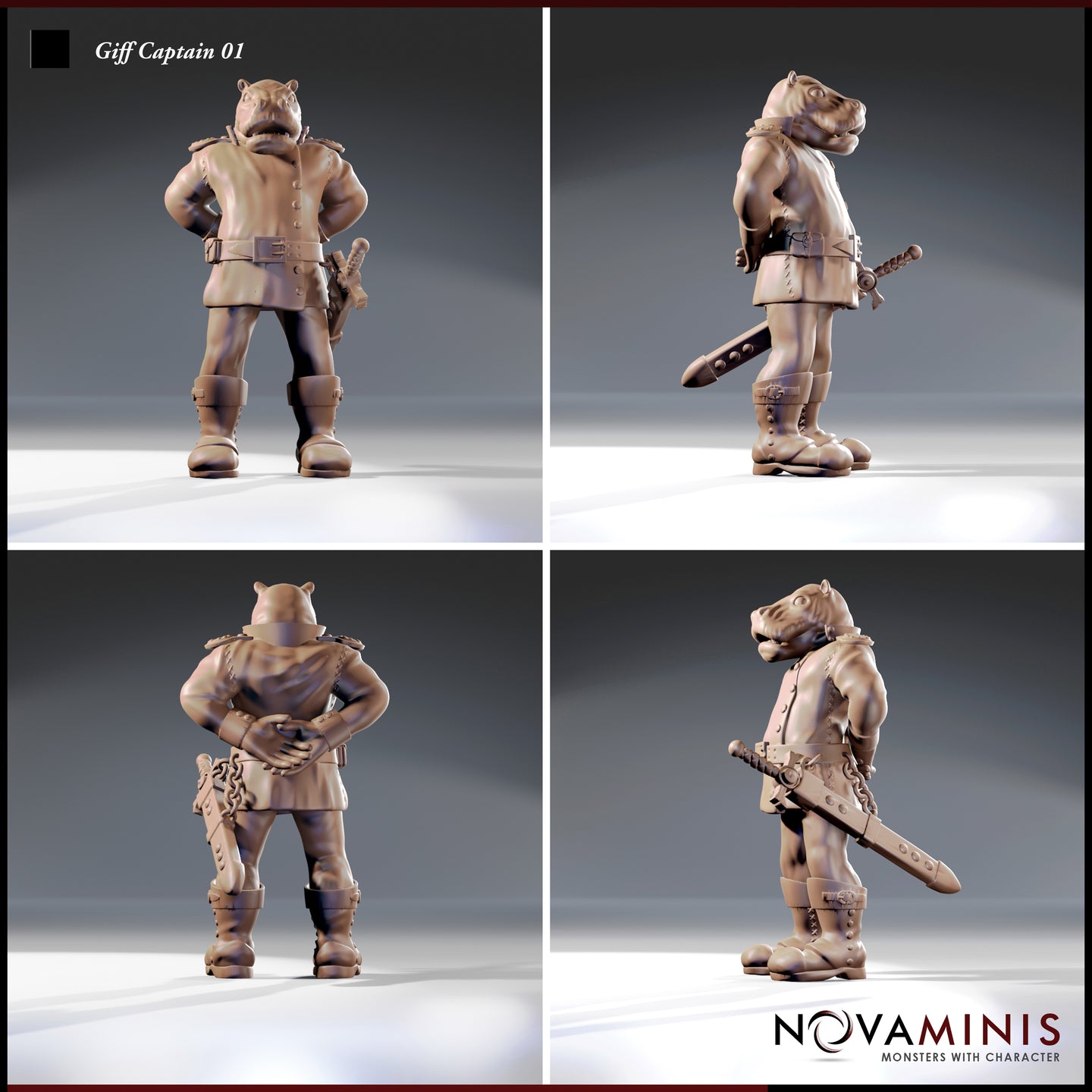 Four-angle digital render of the Giff Captain 01 miniature by Novaminis showing front, side, back, and three-quarter views — the unpainted sculpt reveals a studded club at the hip, chain detail on the back, and a short-barrelled sidearm, with an expressive open-mouthed hippo face