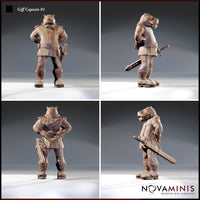 Four-angle digital render of the Giff Captain 01 miniature by Novaminis showing front, side, back, and three-quarter views — the unpainted sculpt reveals a studded club at the hip, chain detail on the back, and a short-barrelled sidearm, with an expressive open-mouthed hippo face