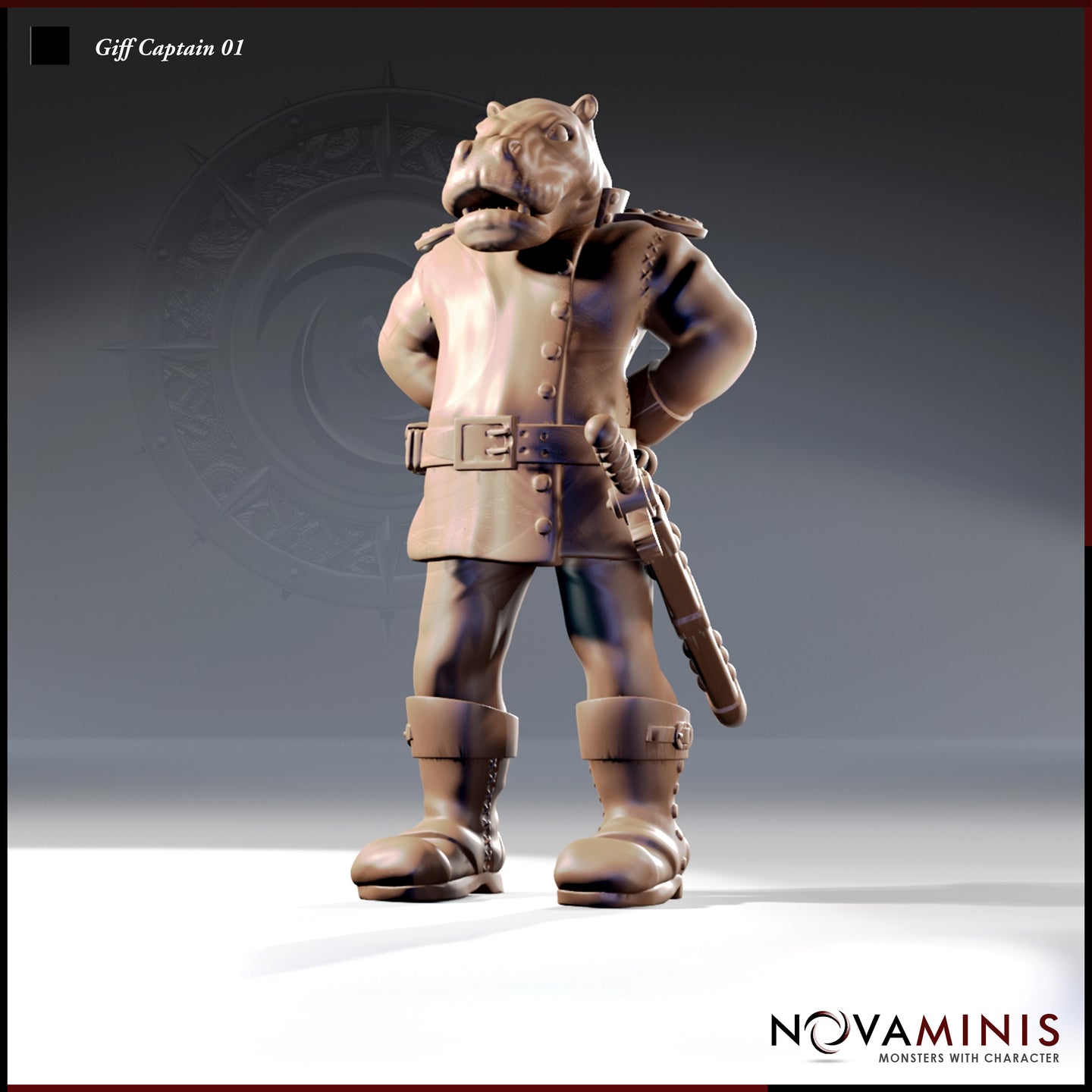Front-facing digital render of the Giff Captain 01 miniature by Novaminis — an unpainted resin sculpt of a hippo-headed humanoid mercenary in a buttoned military coat, wide belt, and buckled boots, holding a flintlock pistol with one hand on his hip