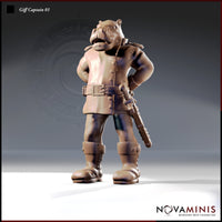 Front-facing digital render of the Giff Captain 01 miniature by Novaminis — an unpainted resin sculpt of a hippo-headed humanoid mercenary in a buttoned military coat, wide belt, and buckled boots, holding a flintlock pistol with one hand on his hip