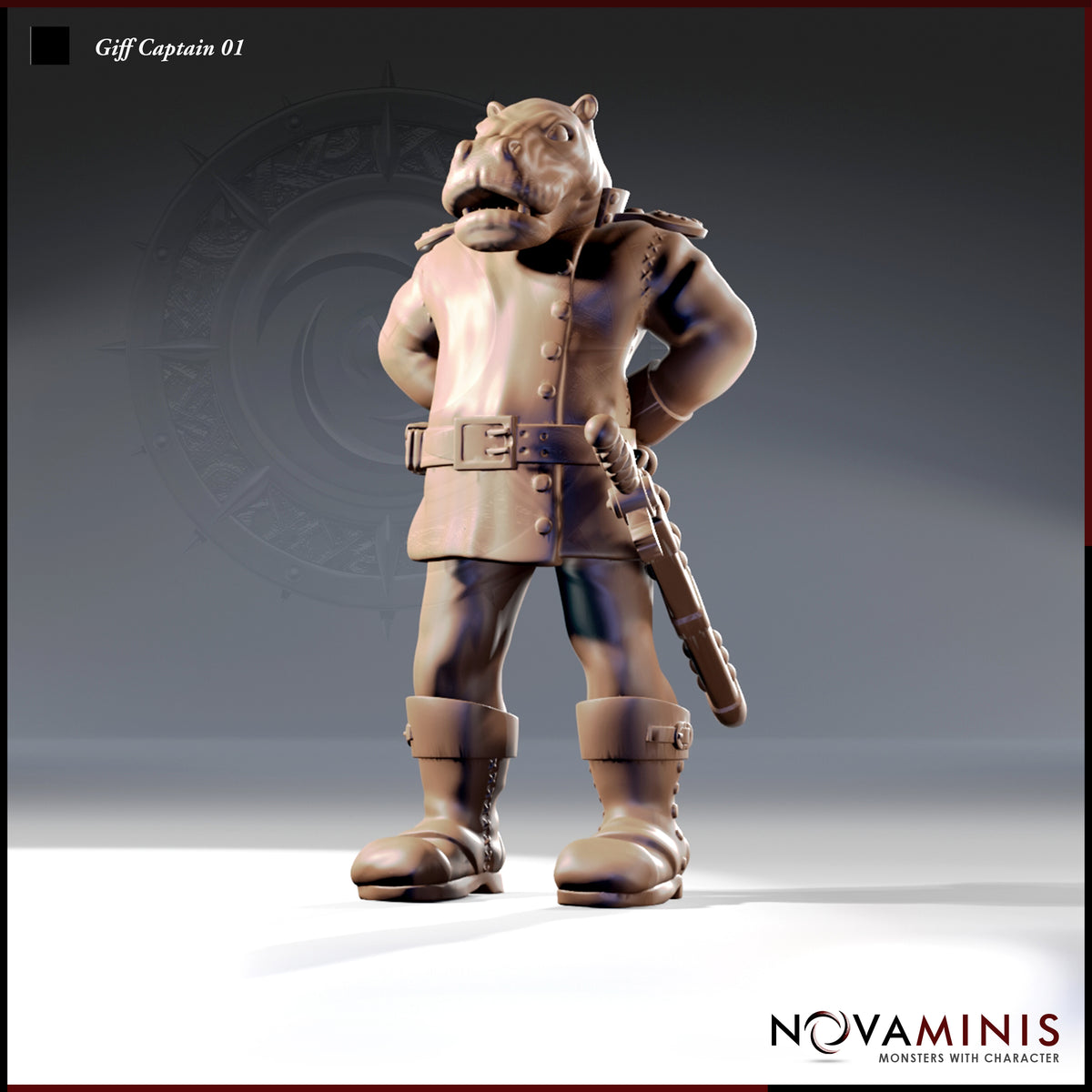 Front-facing digital render of the Giff Captain 01 miniature by Novaminis — an unpainted resin sculpt of a hippo-headed humanoid mercenary in a buttoned military coat, wide belt, and buckled boots, holding a flintlock pistol with one hand on his hip