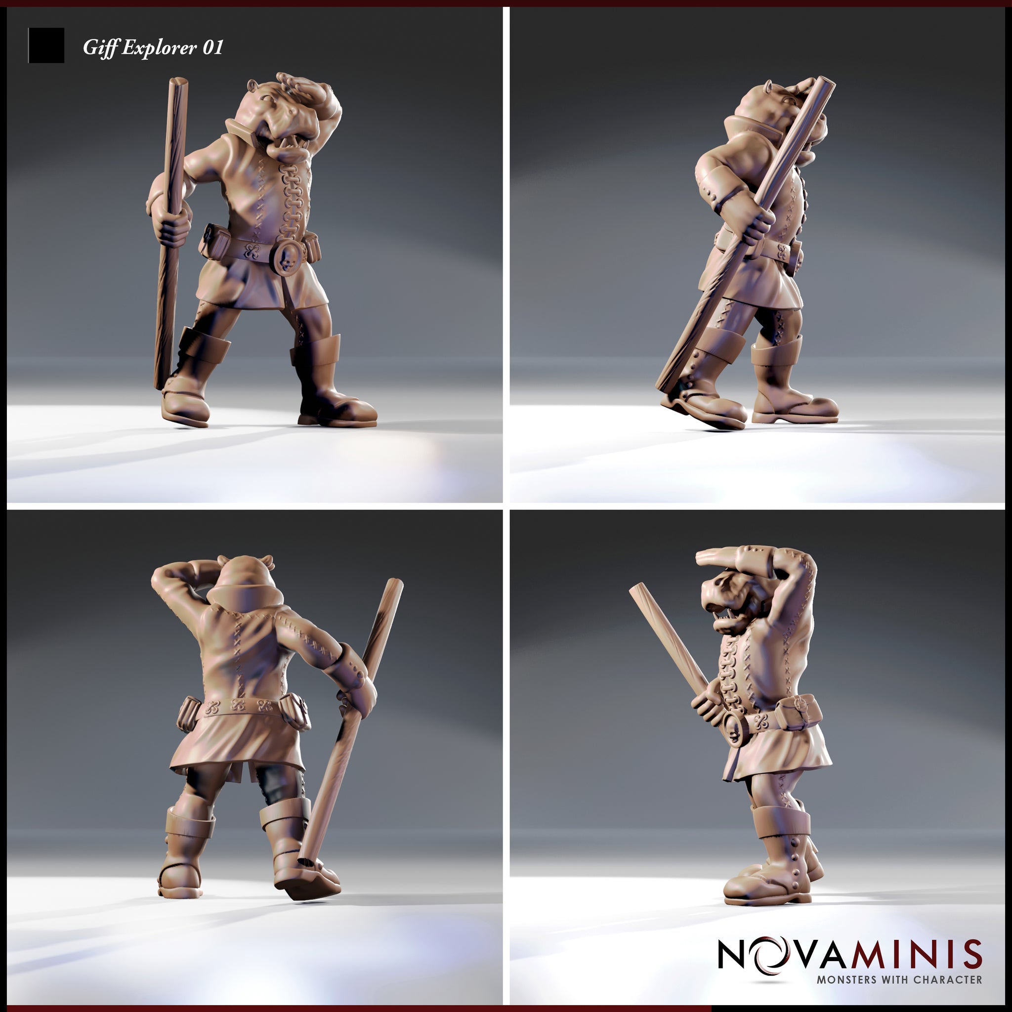Giff Explorer 01 resin miniature render — four-angle view showing front, side, back, and three-quarter perspectives of the hippo-headed Giff explorer in leather coat, belt with powder flasks, and heavy boots, holding a long staff, 32mm scale by Novaminis
