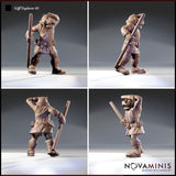 Four-angle turnaround render of the Giff Explorer 01 miniature by Novaminis showing front, side, rear, and three-quarter views of the hippofolk figure in explorer coat, skull belt buckle, heavy boots, and firearm pose