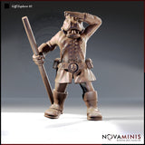 Giff Explorer 01 resin miniature render — front view of a hippo-headed Giff in a laced leather coat and skull-buckled belt, holding a long staff or firearm at his side and shading his eyes with one raised hand, 32mm scale by Novaminis