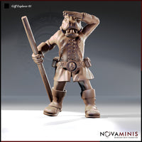Giff Explorer 01 resin miniature render — front view of a hippo-headed Giff in a laced leather coat and skull-buckled belt, holding a long staff or firearm at his side and shading his eyes with one raised hand, 32mm scale by Novaminis