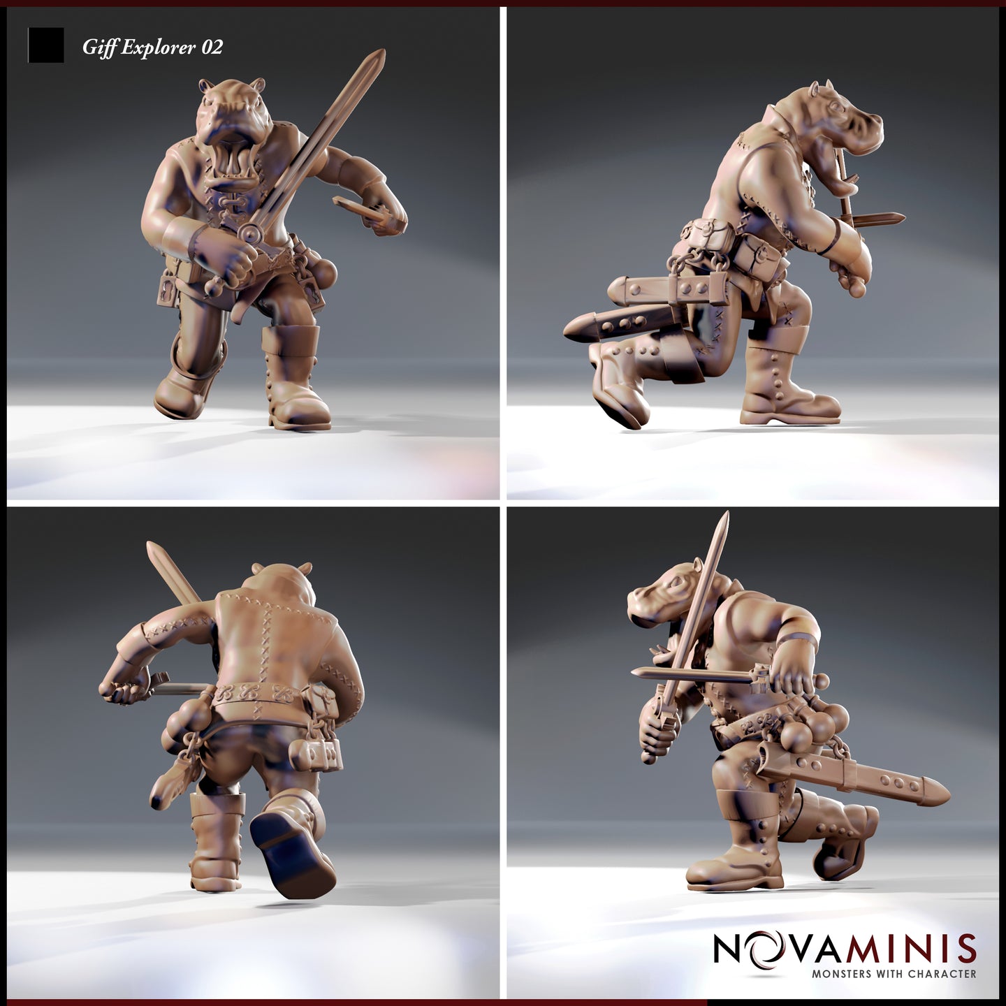 Four-angle digital render of the Giff Explorer 02 miniature by Novaminis showing front, side, back, and three-quarter views. The hippo-folk mercenary carries a broadsword and pistol, with detailed leather strapping, layered boots, and a powerfully built frame visible from all angles. 32mm scale resin miniature, unpainted.