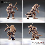 Four-angle digital render of the Giff Explorer 02 miniature by Novaminis showing front, side, back, and three-quarter views. The hippo-folk mercenary carries a broadsword and pistol, with detailed leather strapping, layered boots, and a powerfully built frame visible from all angles. 32mm scale resin miniature, unpainted.