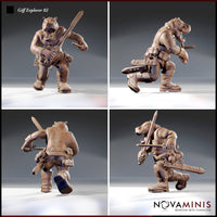 Four-angle digital render of the Giff Explorer 02 miniature by Novaminis showing front, side, back, and three-quarter views. The hippo-folk mercenary carries a broadsword and pistol, with detailed leather strapping, layered boots, and a powerfully built frame visible from all angles. 32mm scale resin miniature, unpainted.