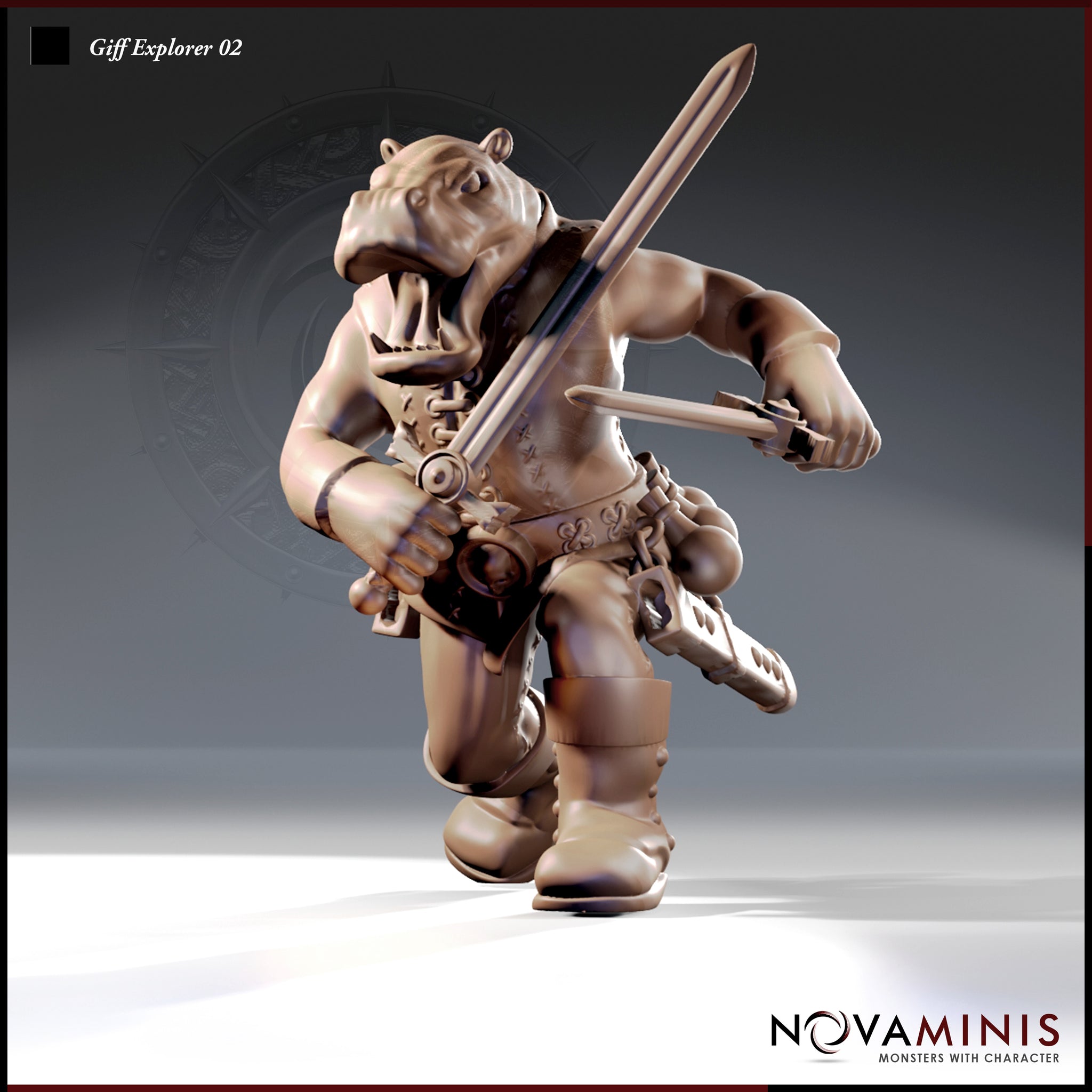 Giff Explorer 02 resin miniature render — front three-quarter view of a bare-chested hippo-headed Giff mid-stride, holding a broad sword diagonally across his body with jaws open, decorated belt with accessories, 32mm scale by Novaminis