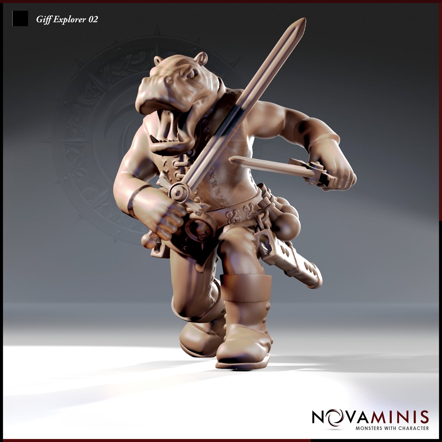 Digital render of the Giff Explorer 02 miniature by Novaminis — a muscular hippo-headed humanoid in a dynamic forward-leaning pose, wielding a broadsword in one hand and a flintlock pistol in the other, wearing buckled boots and a studded belt with travelling gear. 32mm scale resin miniature, unpainted.