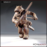 Digital render of the Giff Explorer 02 miniature by Novaminis — a muscular hippo-headed humanoid in a dynamic forward-leaning pose, wielding a broadsword in one hand and a flintlock pistol in the other, wearing buckled boots and a studded belt with travelling gear. 32mm scale resin miniature, unpainted.