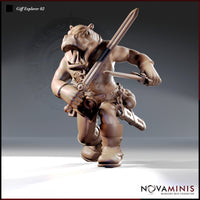 Digital render of the Giff Explorer 02 miniature by Novaminis — a muscular hippo-headed humanoid in a dynamic forward-leaning pose, wielding a broadsword in one hand and a flintlock pistol in the other, wearing buckled boots and a studded belt with travelling gear. 32mm scale resin miniature, unpainted.